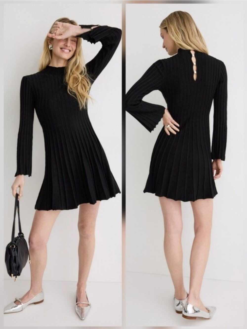 Maje Short Knit Dress Crew Neck Long Sleeves Size S